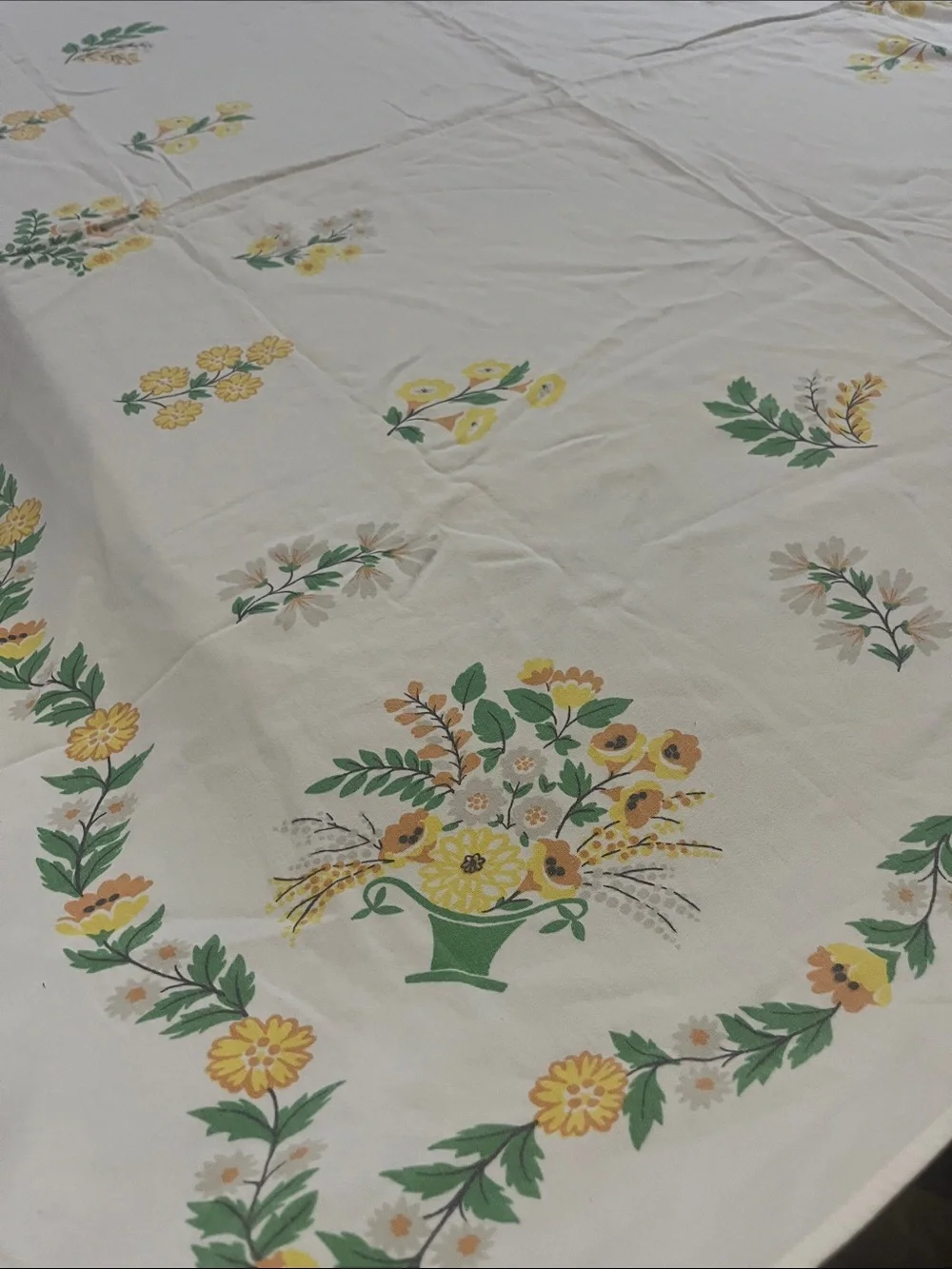Vintage Floral Yellow & Green cotton tablecloth